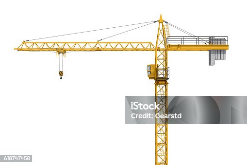 istock Rendering of yellow construction crane isolated on white background. 618747458