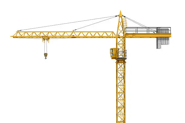 3D rendering of a yellow construction crane isolated on a white background. Construction. Tower crane. Modern form of balance crane. Type of machine equipped with a hoist rope, wire ropes or chains, and sheaves.