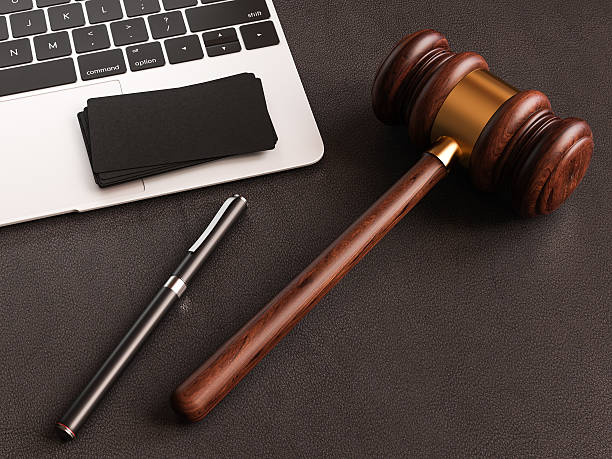istock Judge's gavel on leather substrate. 3D illustration 618747750