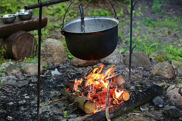 istock smoked tourist kettle on hot fire 618748194