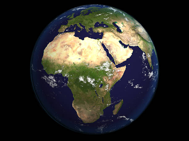 ヨーロッパとアフリカを示す宇宙からの地球は、イラストをレンダリングします。 - africa blue cloud color image ストックフォトと画像