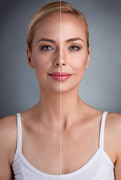 beauty concept,  before and after portrait of middle age woman with part of perfect skin and part with unperfected skin antiaging stock pictures, royalty-free photos & images