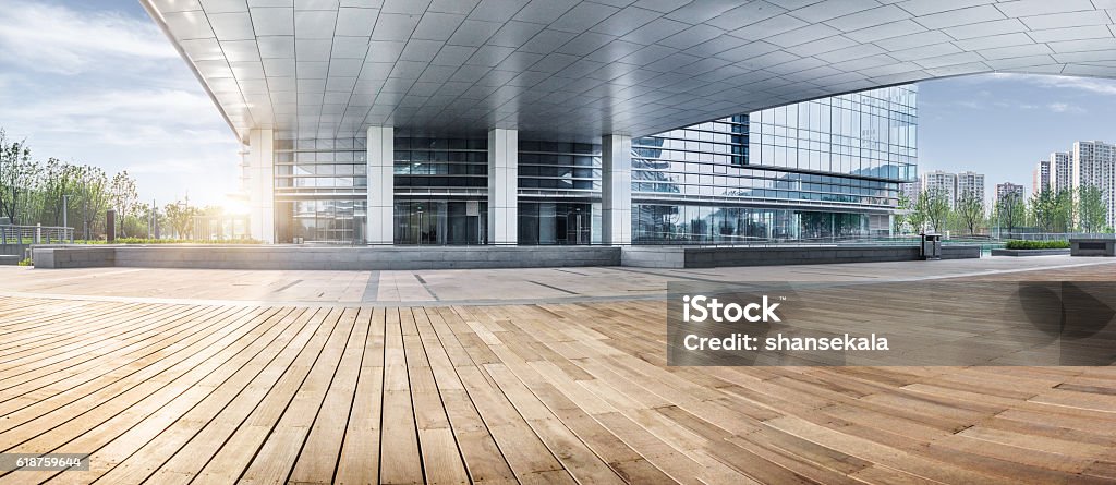 office building entrance office building entrance with wooden floor foreground,china. Modern Stock Photo