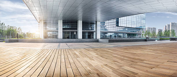 office building entrance office building entrance with wooden floor foreground,china. building entrance photos stock pictures, royalty-free photos & images
