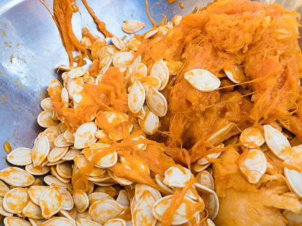 istock Pumpkin Innards with Seeds Closeup Detail 618759820