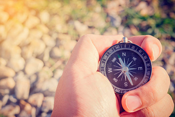 istock Compass in the hand on the nature background. 618764120