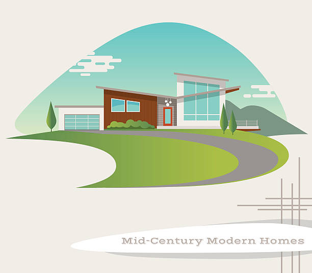 mid century modern style house. retro vector illustration mid century modern style house. retro vector illustration modern house driveway stock illustrations