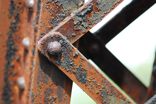 old rusted steel - rusty metal texture / rust texture, Big rusty metal nuts locked with rust and corrosion bolts