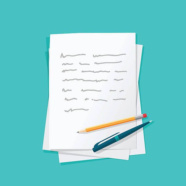 Paper sheets pile abstract text with pen and pencil vector Paper sheets pile with abstract written text with pen and pencil top vector illustration, concept or writing letter, message, education, author workplace isolated on color background writing activity stock illustrations
