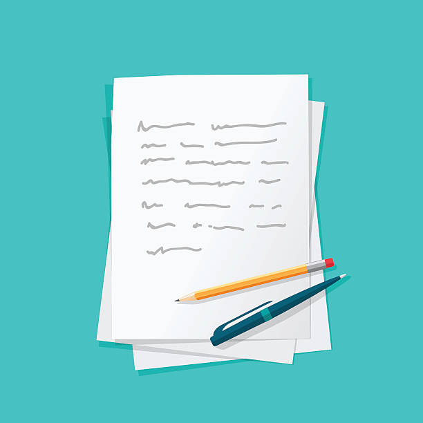 Paper sheets pile abstract text with pen and pencil vector Paper sheets pile with abstract written text with pen and pencil top vector illustration, concept or writing letter, message, education, author workplace isolated on color background writing notes stock illustrations