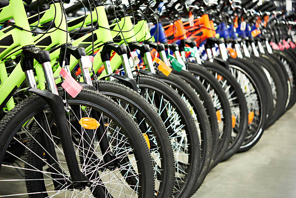 istock Modern mountain bikes in shop 618766116
