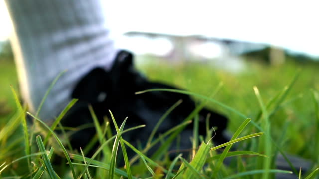 CU: A man playing soccer on a grassy field. - Slow Motion