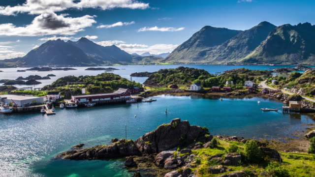 Aerial footage of picturesque coastline on the Lofoten Islands in Norway