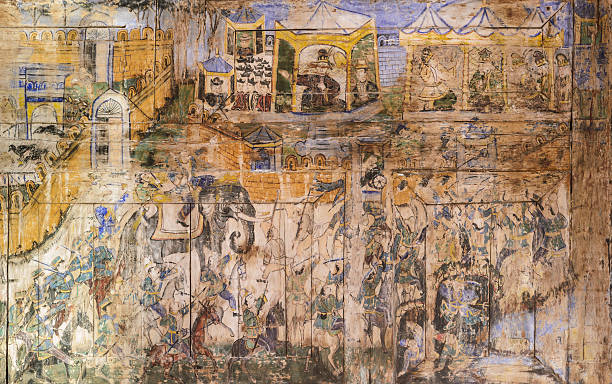 istock Ancient Thai mural painting on wooden temple wall 618827106