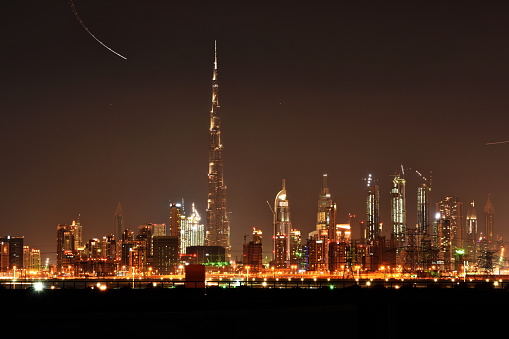 Dubai skyline at night from Meydan, United Arab Emirates