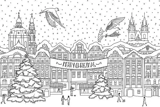 Vector illustration of Winter city christmas card for coloring