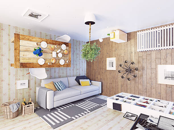 strange living room interior. 3d design concept