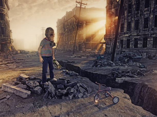 ruins of the city and the boy ruins of the city with and the boy  in the street. Photo combination  concept the ruined city stock pictures, royalty-free photos & images