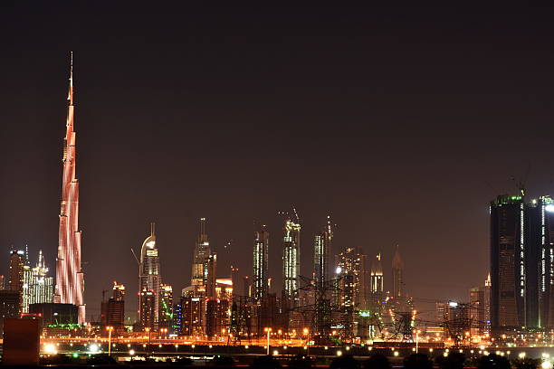 Dubai skyline at night from Meydan, United Arab Emirates