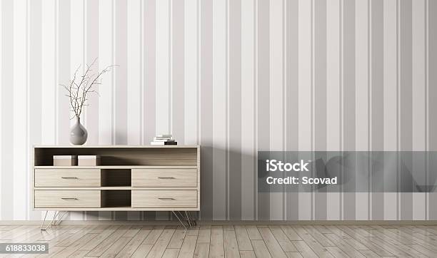 Interior With Wooden Cabinet 3d Rendering Stock Photo - Download Image Now - Wallpaper - Decor, Wall - Building Feature, Striped