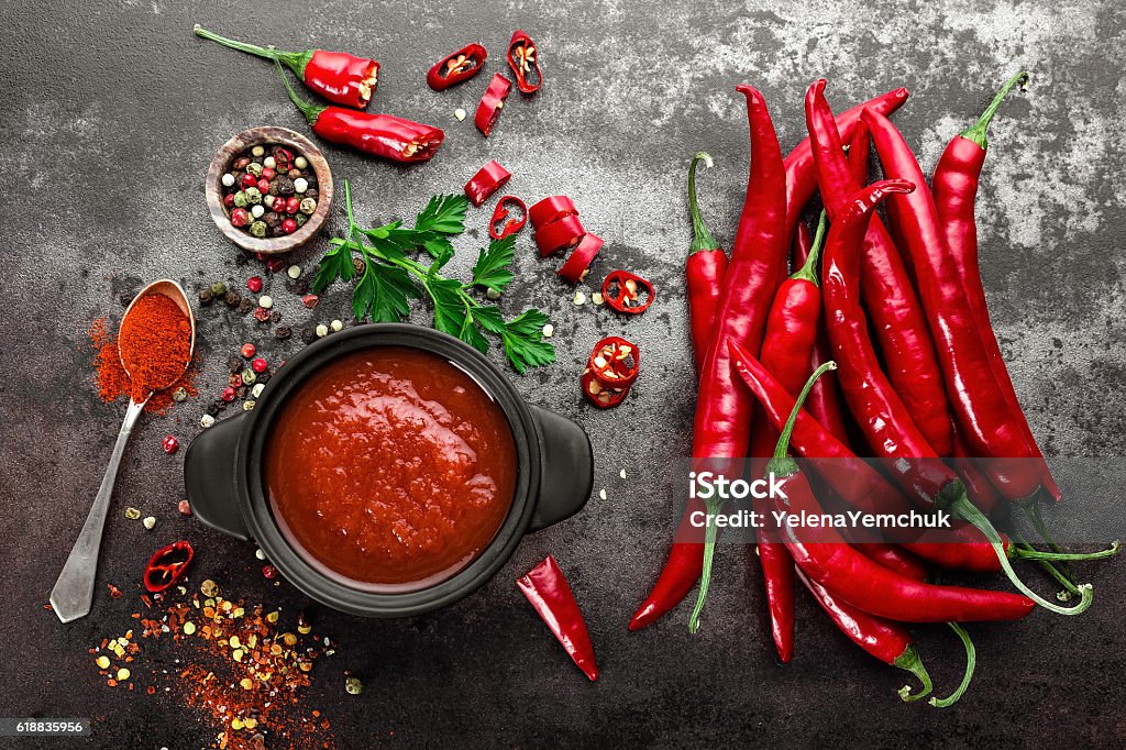 molho de pimenta picante, ketchup - Foto de stock de Pimenta royalty-free