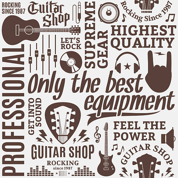 Typographic vector guitar shop seamless pattern Typographic vector guitar shop seamless pattern or background. Music icons for audio store, poster, advertising, branding and identity plectrum stock illustrations