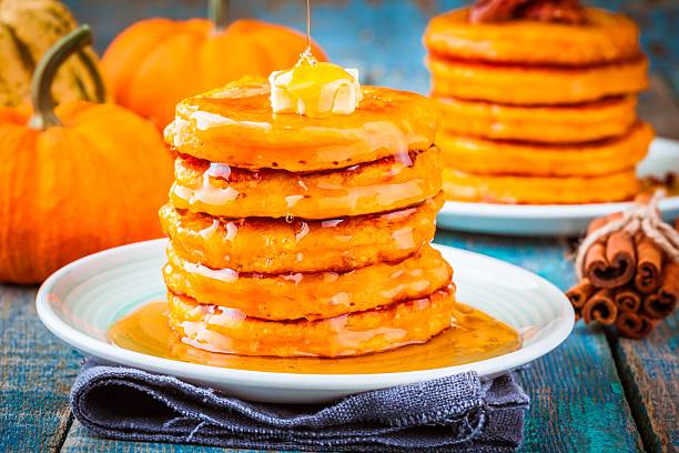 istock Pumpkin pancakes with honey and butter 618846588