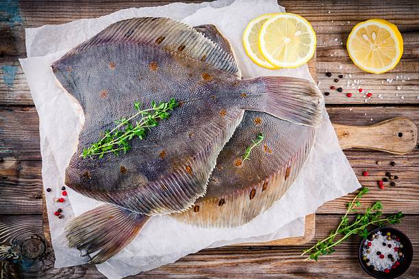 Raw flounder fish, flatfish on wooden table Raw flounder fish, flatfish on wooden background turbot stock pictures, royalty-free photos & images