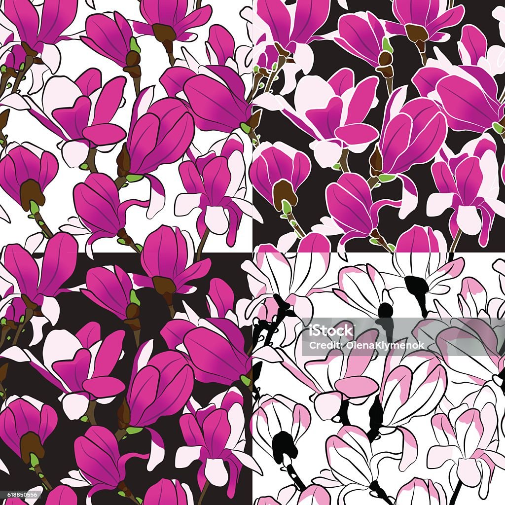 Set of seamless pattern of magnolia blooming tree. Set of seamless pattern of magnolia blooming tree. Vector illustration. Adult stock vector