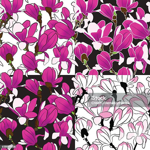 Set Of Seamless Pattern Of Magnolia Blooming Tree Stock Illustration - Download Image Now - Adult, Affectionate, Aromatherapy