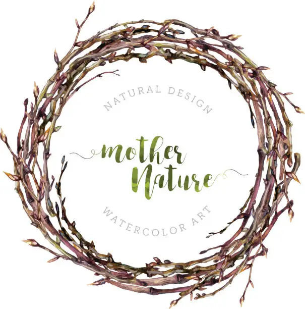 Vector illustration of Watercolor Boho wreath made of dry twigs