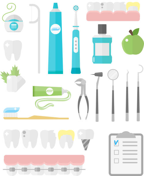 Dental icons vector set. Dental icons vector set mouthwash collection. Medical forceps tools supplies orthopedic dental chair dental icons. Toothbrush hygiene implant health dental icons. Health care equipment. dental drill stock illustrations