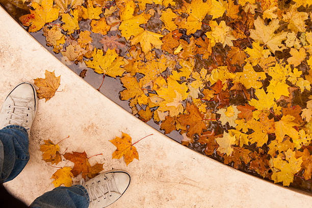 Feet selfie on fountain edge stock photo