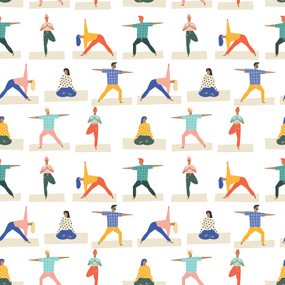 Yoga poses set seamless pattern in vector. Healthy lifestyle pattern. Flat style illustration.