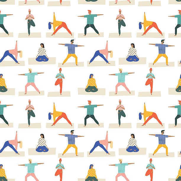 Yoga poses set seamless pattern in vector. Healthy lifestyle . Yoga poses set seamless pattern in vector. Healthy lifestyle pattern. Flat style illustration. person stretching stock illustrations