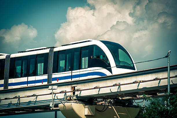 istock Monorail train runs in blue sky in Moscow 618860250