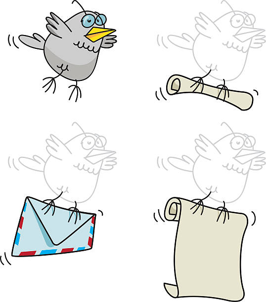 ilustrações de stock, clip art, desenhos animados e ícones de airmail with a carrier pigeon. - anachronistic