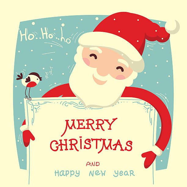 Święty Mikołaj trzyma kartkę świąteczną z tekstem – artystyczna grafika wektorowa