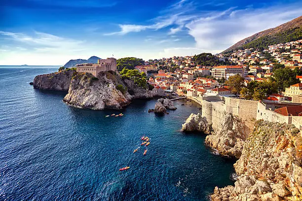 The General view of Dubrovnik - Fortresses Lovrijenac and Bokar seen from south old walls a. Croatia. South Dalmatia.