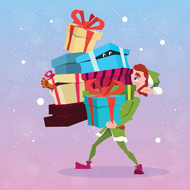 istock Christmas Elf Boy Cartoon Character Santa Helper Hold Many Present 618868690