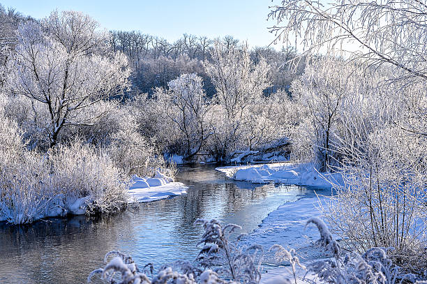 istock Winter sunny landscape with river and forest 618868886