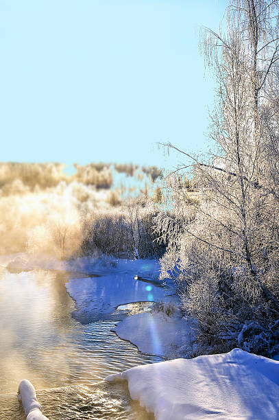 istock Winter sunny landscape with river and forest 618869494