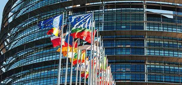 drapeaux de l’ue devant le parlement agitant dans le vent - european union currency photos et images de collection