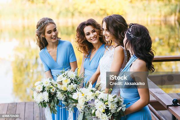 Bride With Bridesmaids Stock Photo - Download Image Now - Bridesmaid, Dress, Women