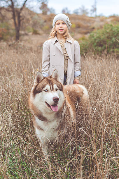 istock Girl is walking with husky dog 618870830