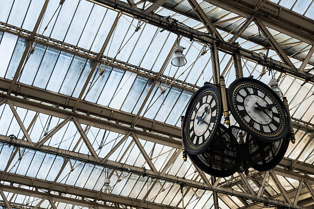 istock Clock in railway station departure hall. 618870856