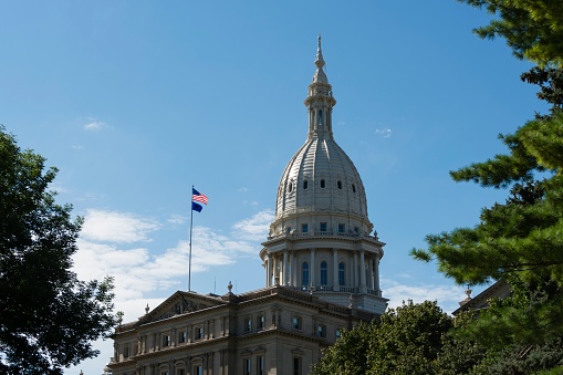 The beautiful dome of the Capitol Building in downtown Lansing, the capital of the state of Michigan.