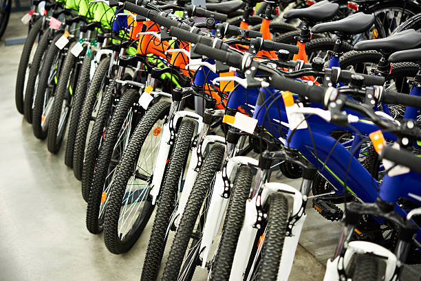 istock Modern mountain bikes in shop 618873478