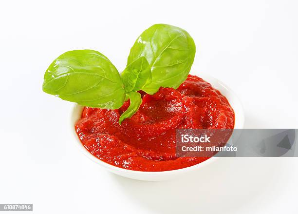Tomato Sauce Stock Photo - Download Image Now - Backgrounds, Basil, Bowl