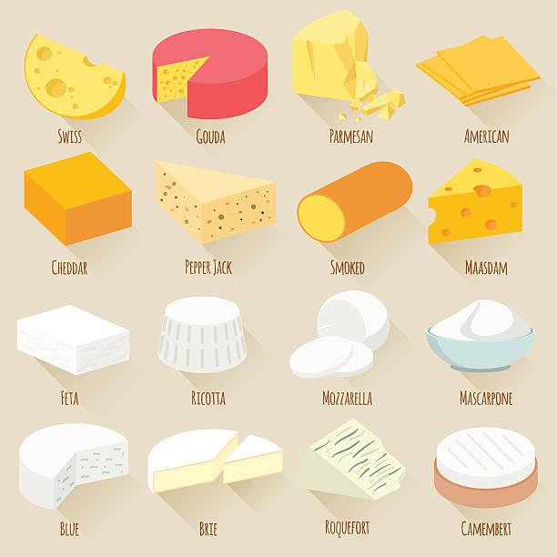ilustraciones, imágenes clip art, dibujos animados e iconos de stock de variedades de queso. conjunto de iconos vectoriales de diseño plano. - queso